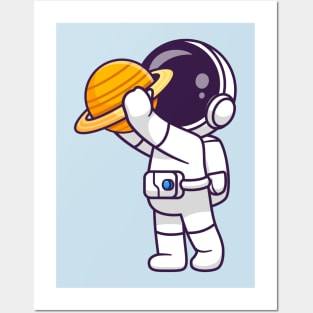 Cute Astronaut Holding Planet Cartoon Posters and Art